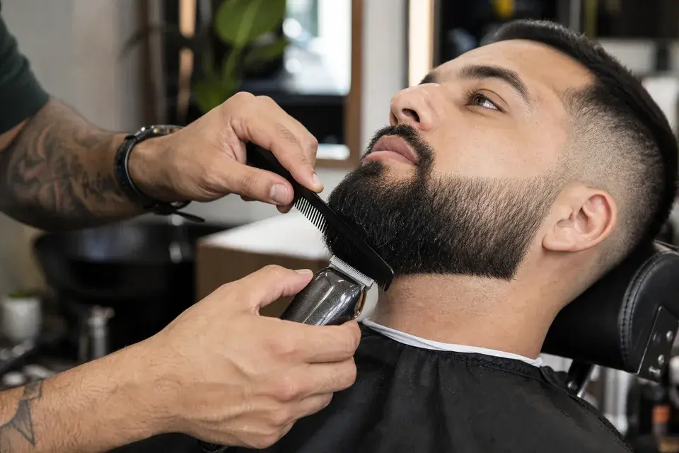 Barbeiro aparando e desenhando uma barba
