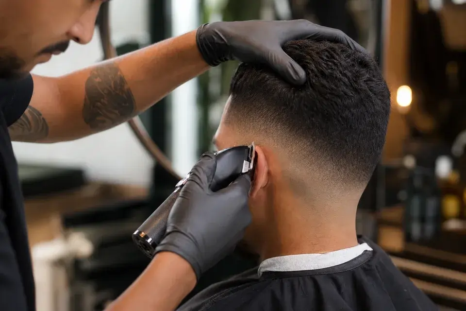 Barbeiro realizando um corte degradê